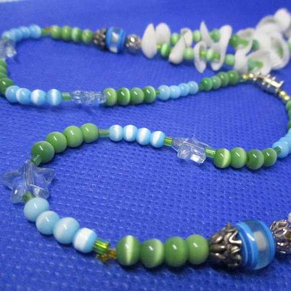 SEASHELL NECKLACE MOONGLOW Blue Green Beads 2 Strand Bead Seashell Moonglow - Picture 6 of 11